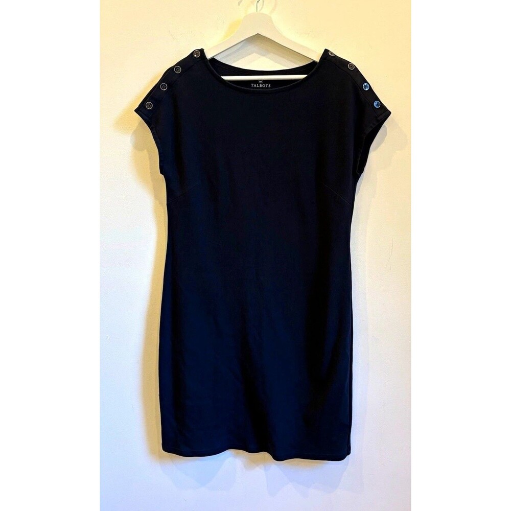 Talbots Women's Navy Shift Dress M Knit 100% Cotton Cap Sleeve Round Neck button